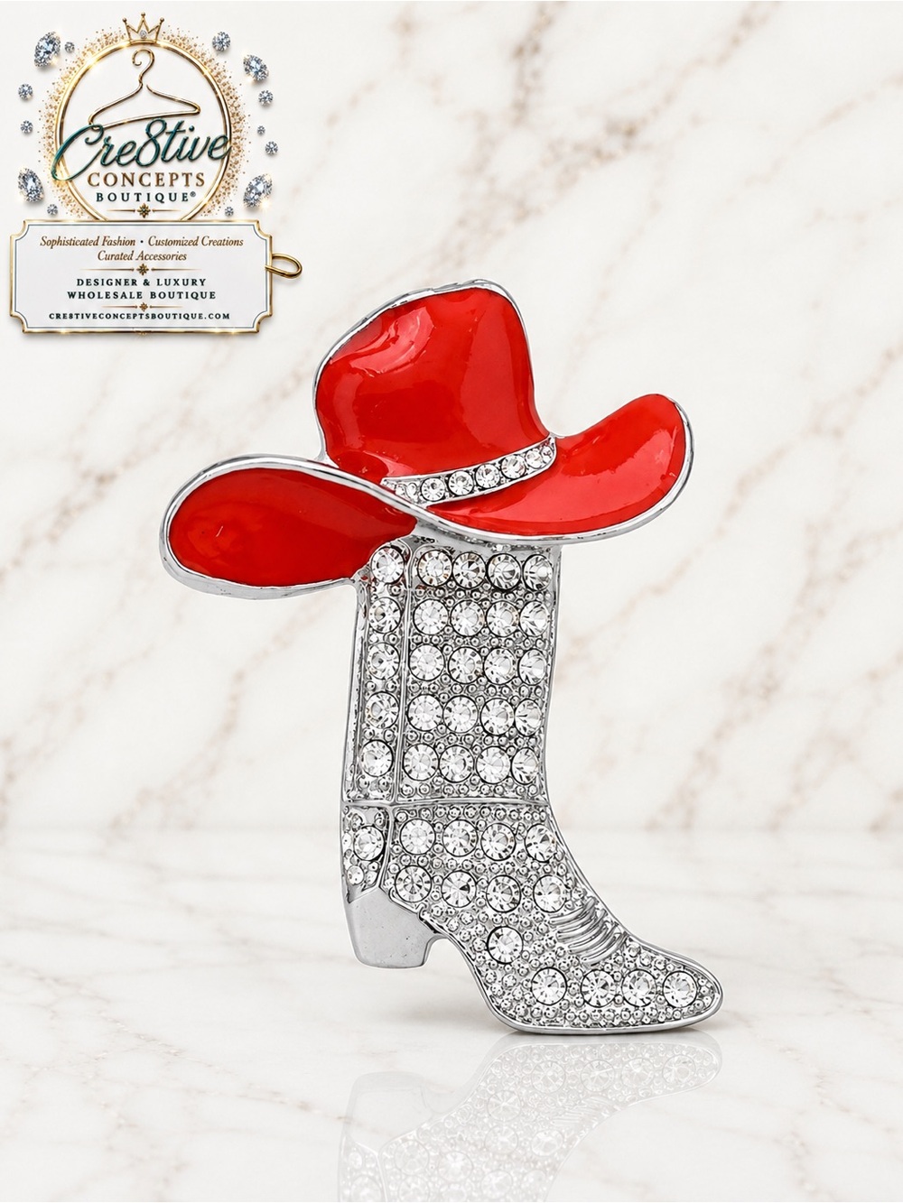 Red Cowboy Hat & Crystal Western Boot Brooch Pin